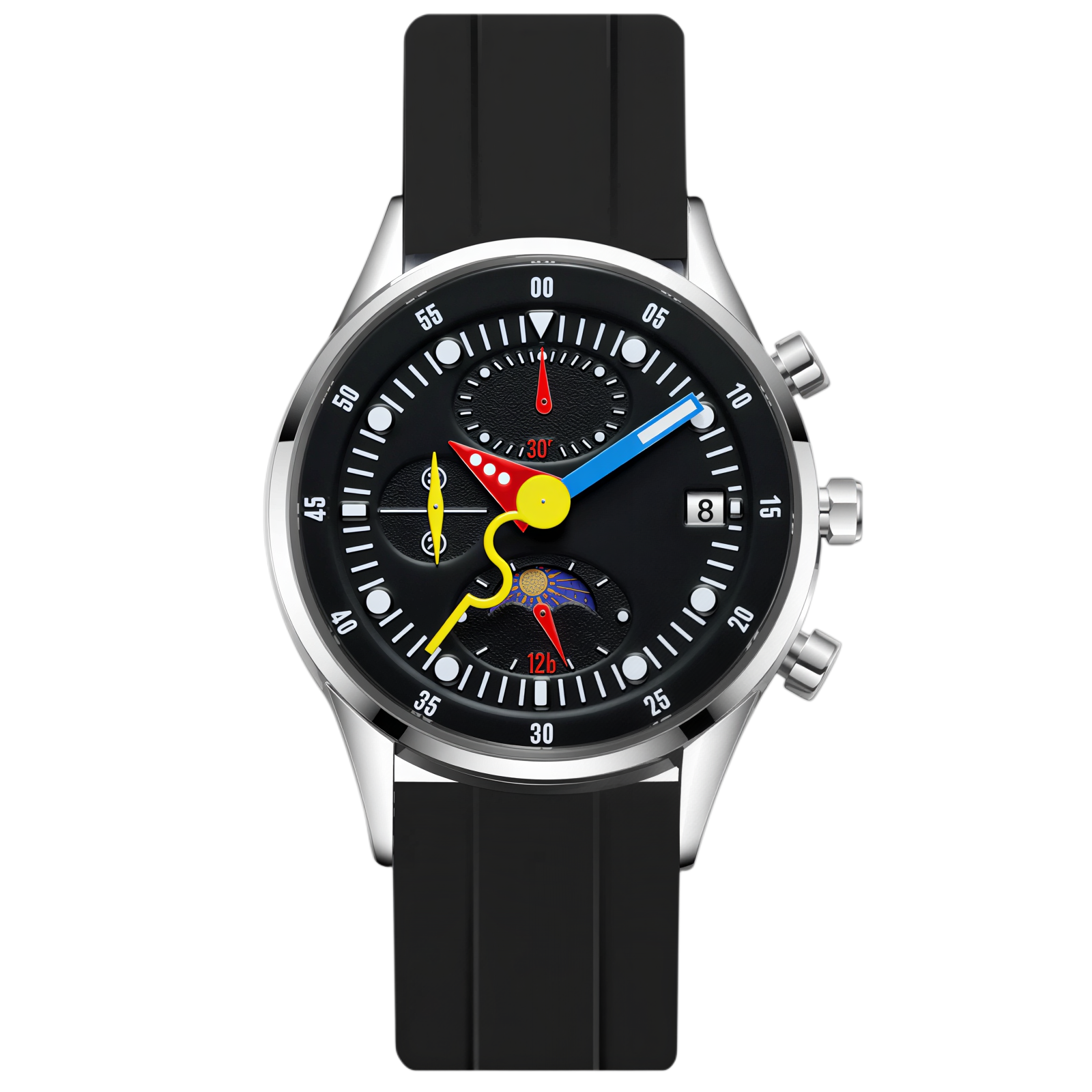 Wristwatch with a black strap and a unique face design on a white background