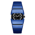 Maurice Belmont TURVEX men's rectangular designer watch with metal bracelet, close-up showing black dial and silver case.