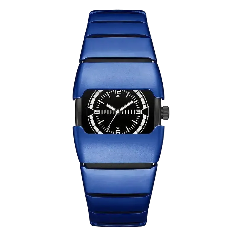 Maurice Belmont TURVEX men's rectangular designer watch with metal bracelet, close-up showing black dial and silver case.