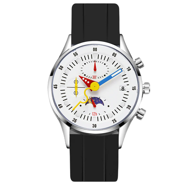 Wristwatch with black strap and colorful face on a white background
