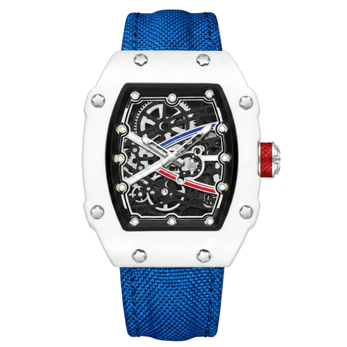 Skeleton tonneau sport watch by GIORGIO MARENO featuring a skeleton dial and sporty design in a tonneau-shaped stainless steel case.