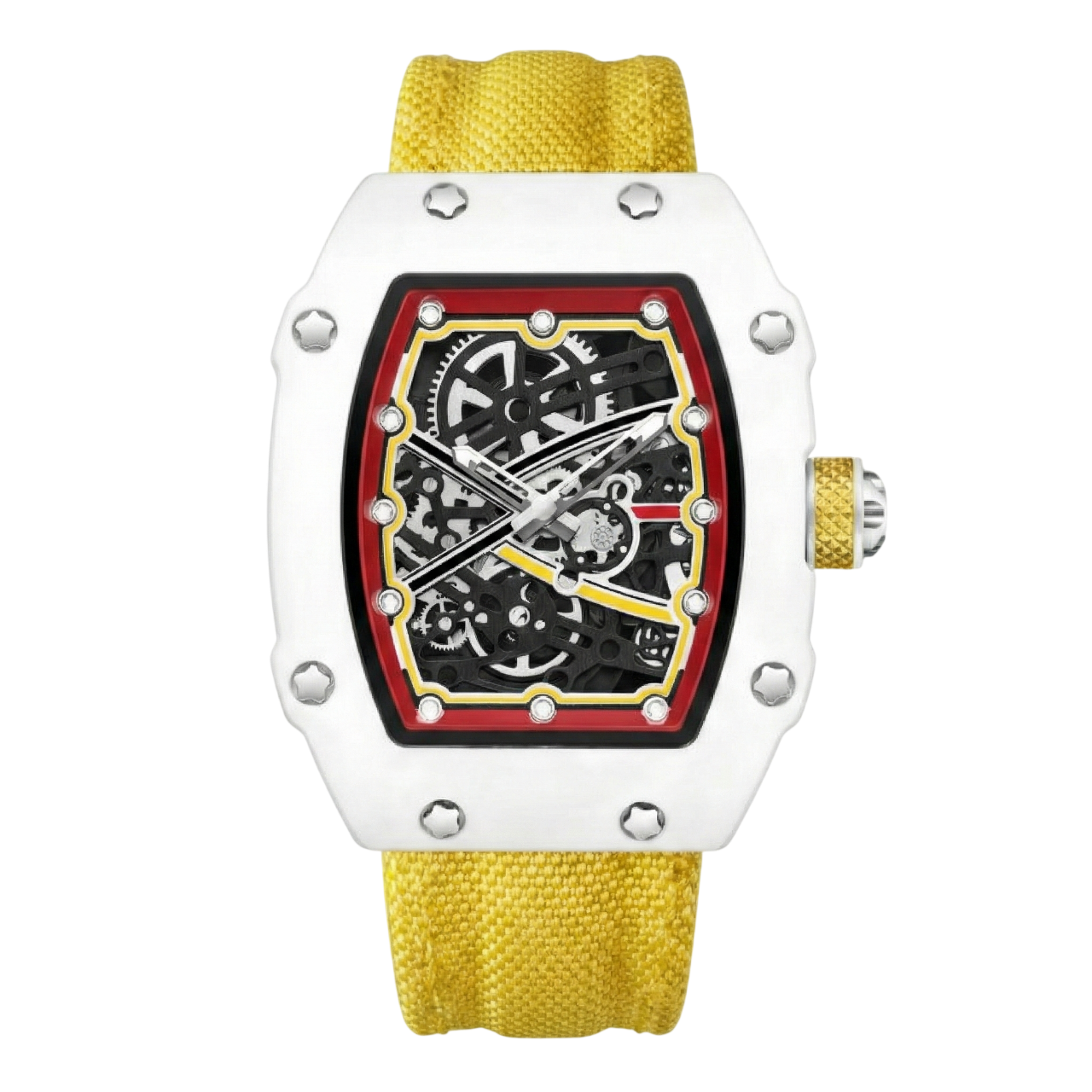Skeleton Tonneau Sport watch by GIORGIO MARENO featuring a detailed skeleton dial and sporty tonneau case design.