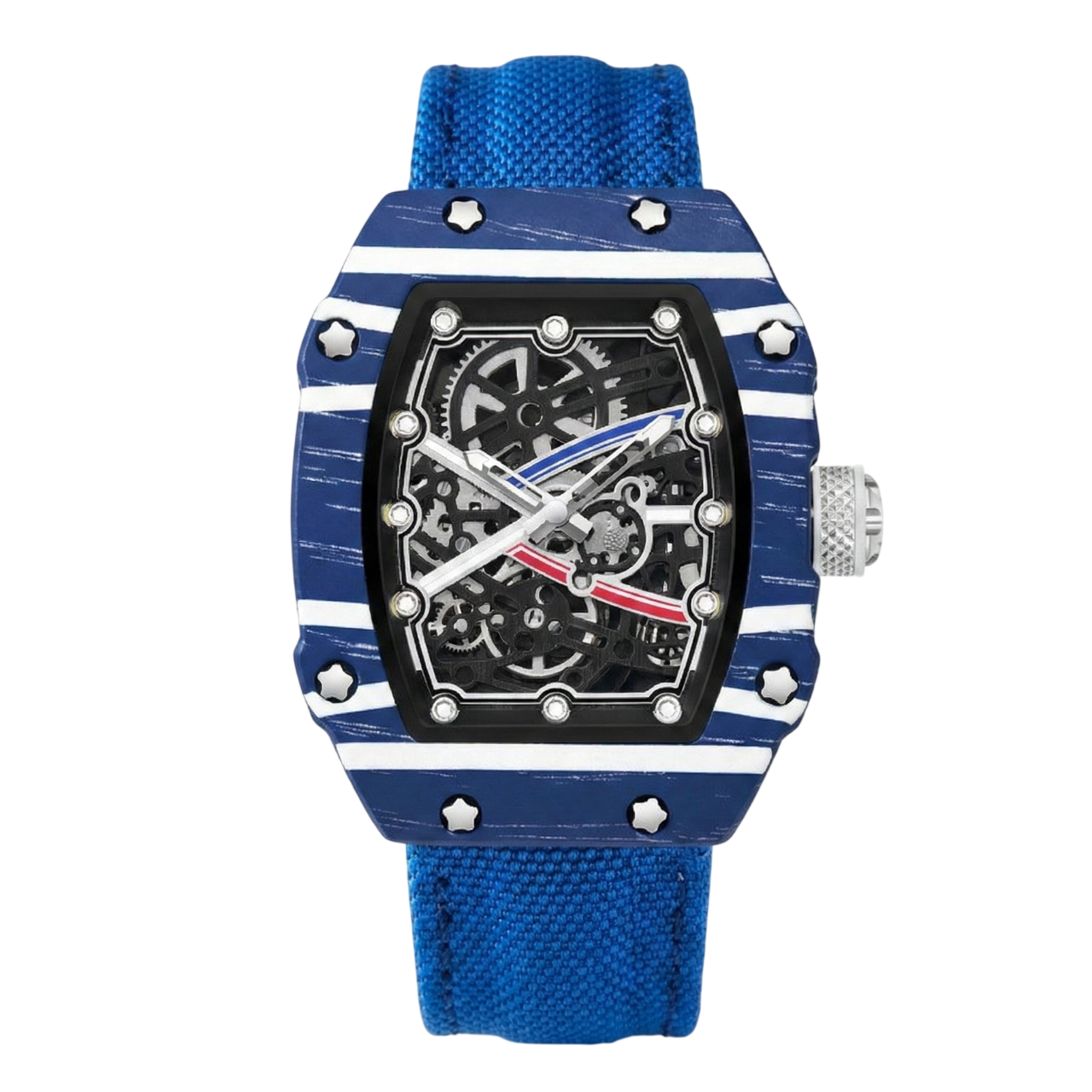 Skeleton tonneau sport watch by Giorgio Mareno featuring a skeleton dial and sporty design in a tonneau-shaped case.