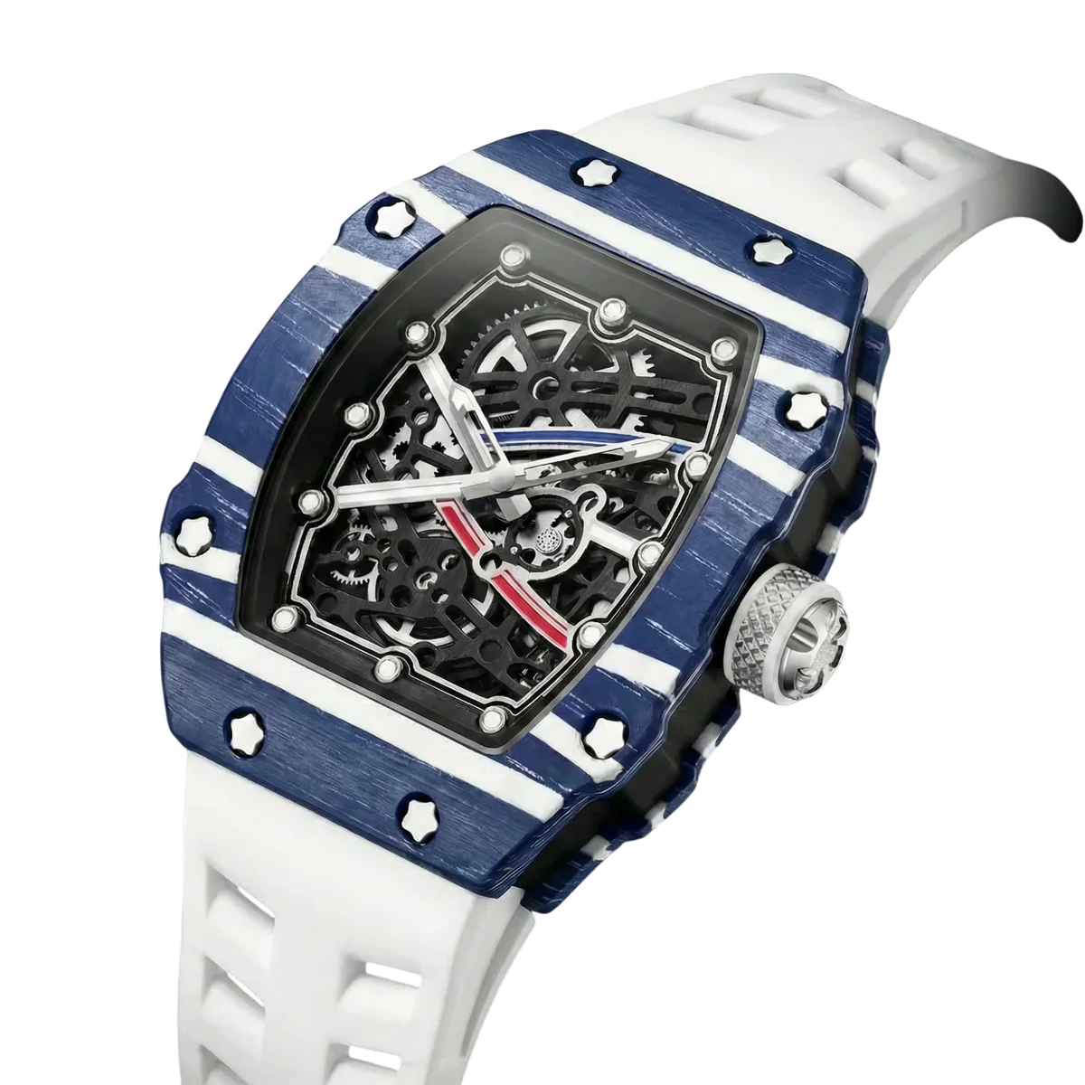Skeleton sport watch with silicone strap by GIORGIO MARENO, featuring a detailed skeleton dial and sporty design.