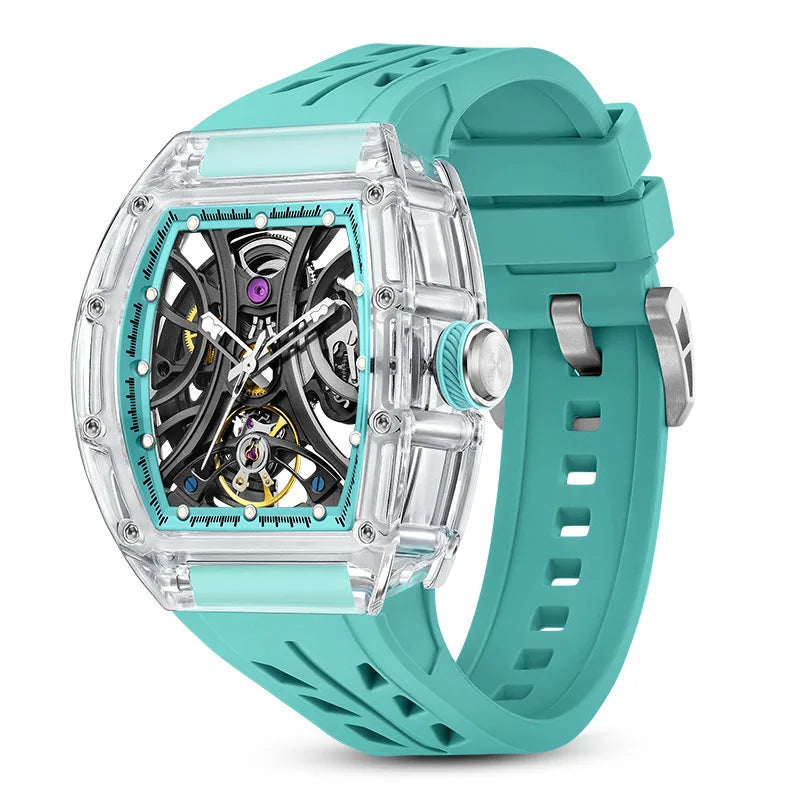 Montre mécanique tourbillon, forme tonneau, squelette transparent, pour homme, bracelet silicone, aiguilles lumineuses, étanche Martino Valenti