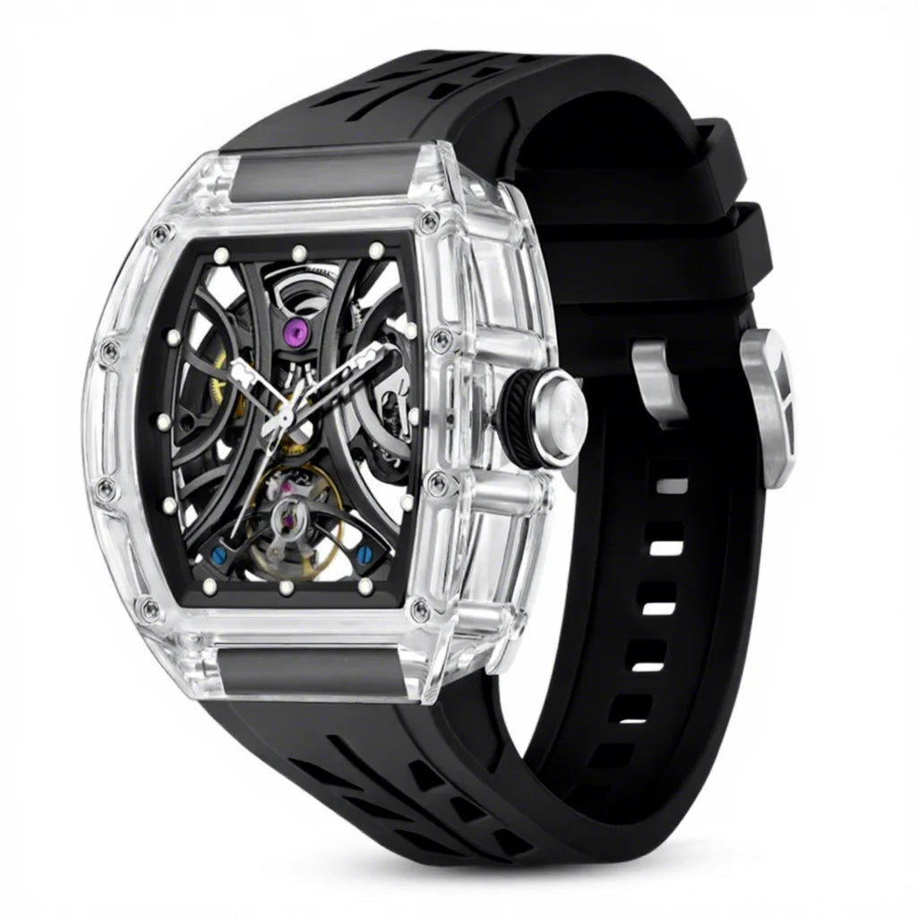 Montre mécanique tourbillon, forme tonneau, squelette transparent, pour homme, bracelet silicone, aiguilles lumineuses, étanche Martino Valenti