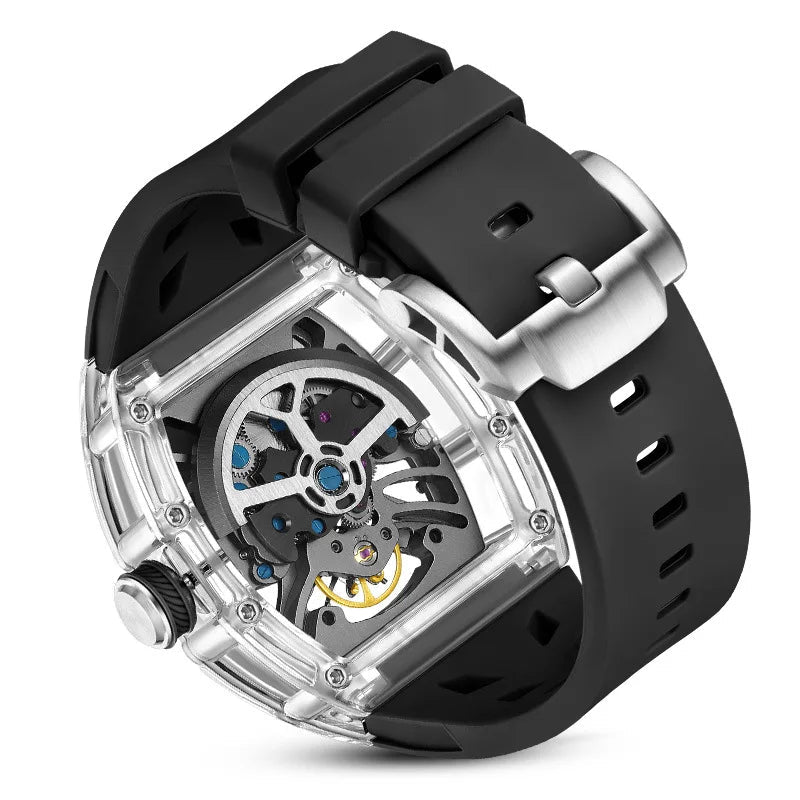 Montre mécanique tourbillon, forme tonneau, squelette transparent, pour homme, bracelet silicone, aiguilles lumineuses, étanche Martino Valenti
