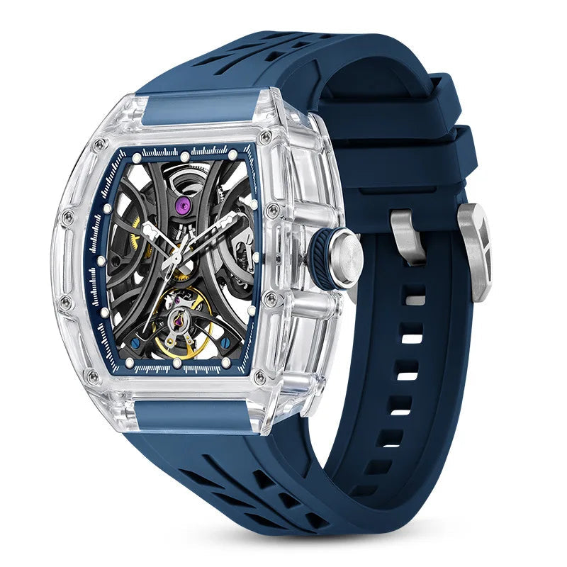 Montre mécanique tourbillon, forme tonneau, squelette transparent, pour homme, bracelet silicone, aiguilles lumineuses, étanche Martino Valenti