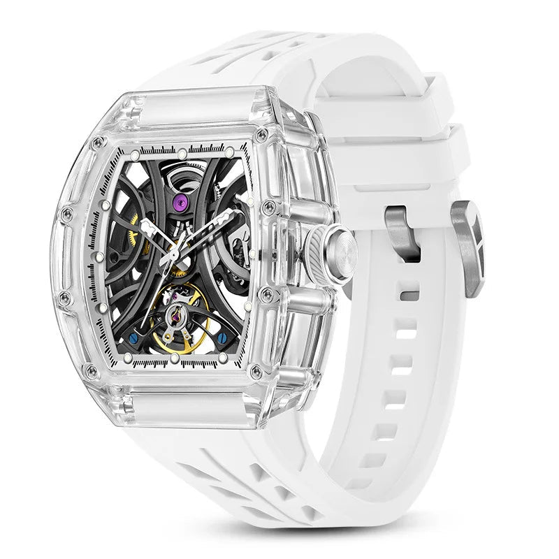 Montre mécanique tourbillon, forme tonneau, squelette transparent, pour homme, bracelet silicone, aiguilles lumineuses, étanche Martino Valenti