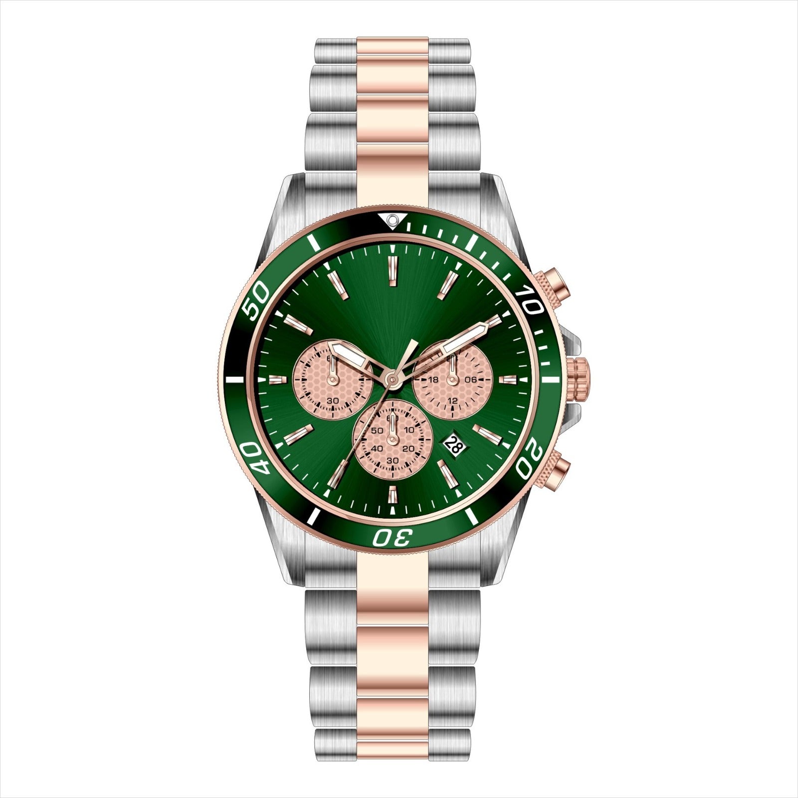 MERXON EG – Men’s Luxury Two-Tone Emerald Green Sunray Dial Chronograph Steel Watch