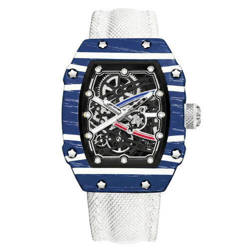 Giorgio Mareno KARYVEX Skeleton Tonneau Sport Watch with black dial, silver case, and sporty design.