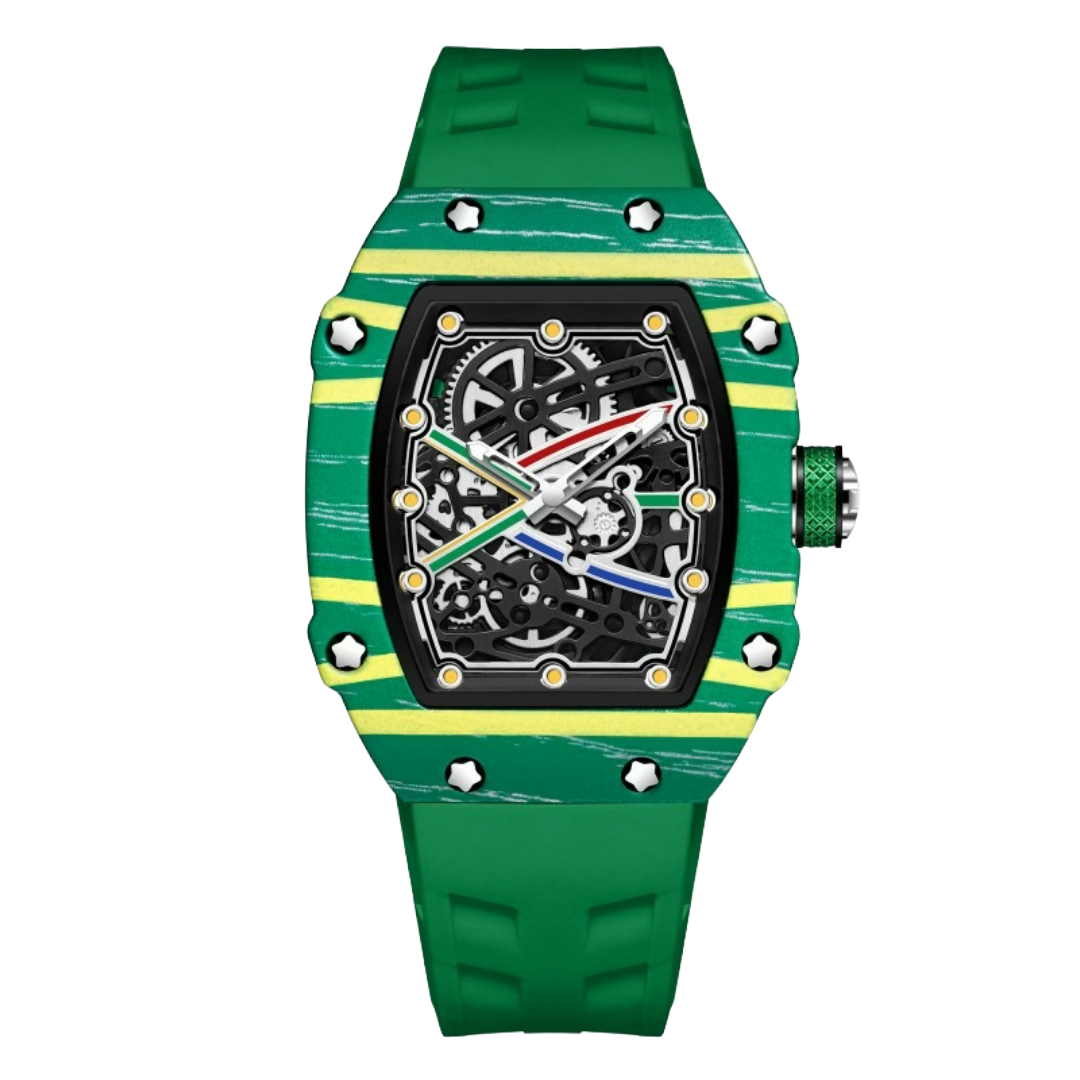 Skeleton Sport Watch by GIORGIO MARENO with black silicone strap, featuring a detailed skeleton dial and sporty design.
