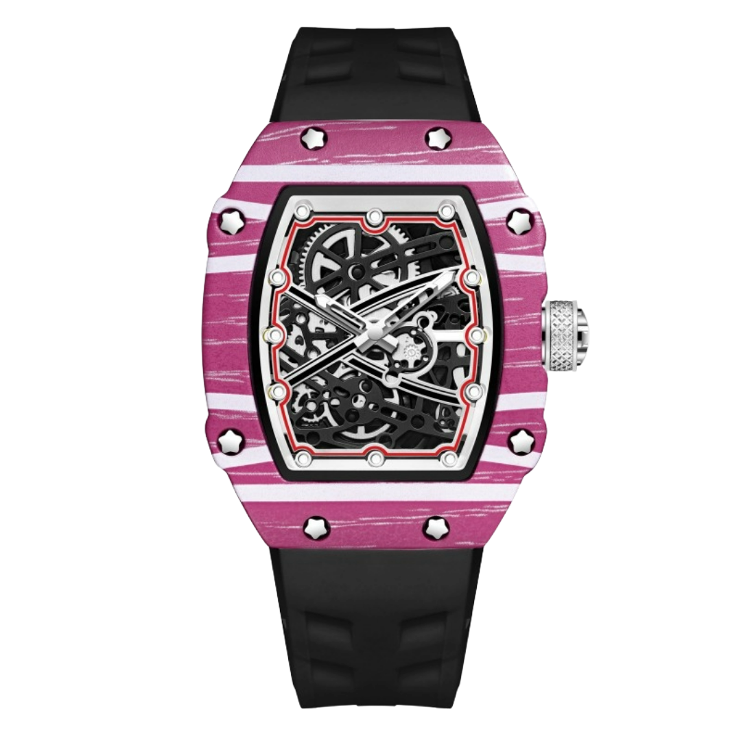 Giorgio Mareno BRYVANO Skeleton Sport Watch with black silicone strap, showing detailed skeleton dial and sporty design.
