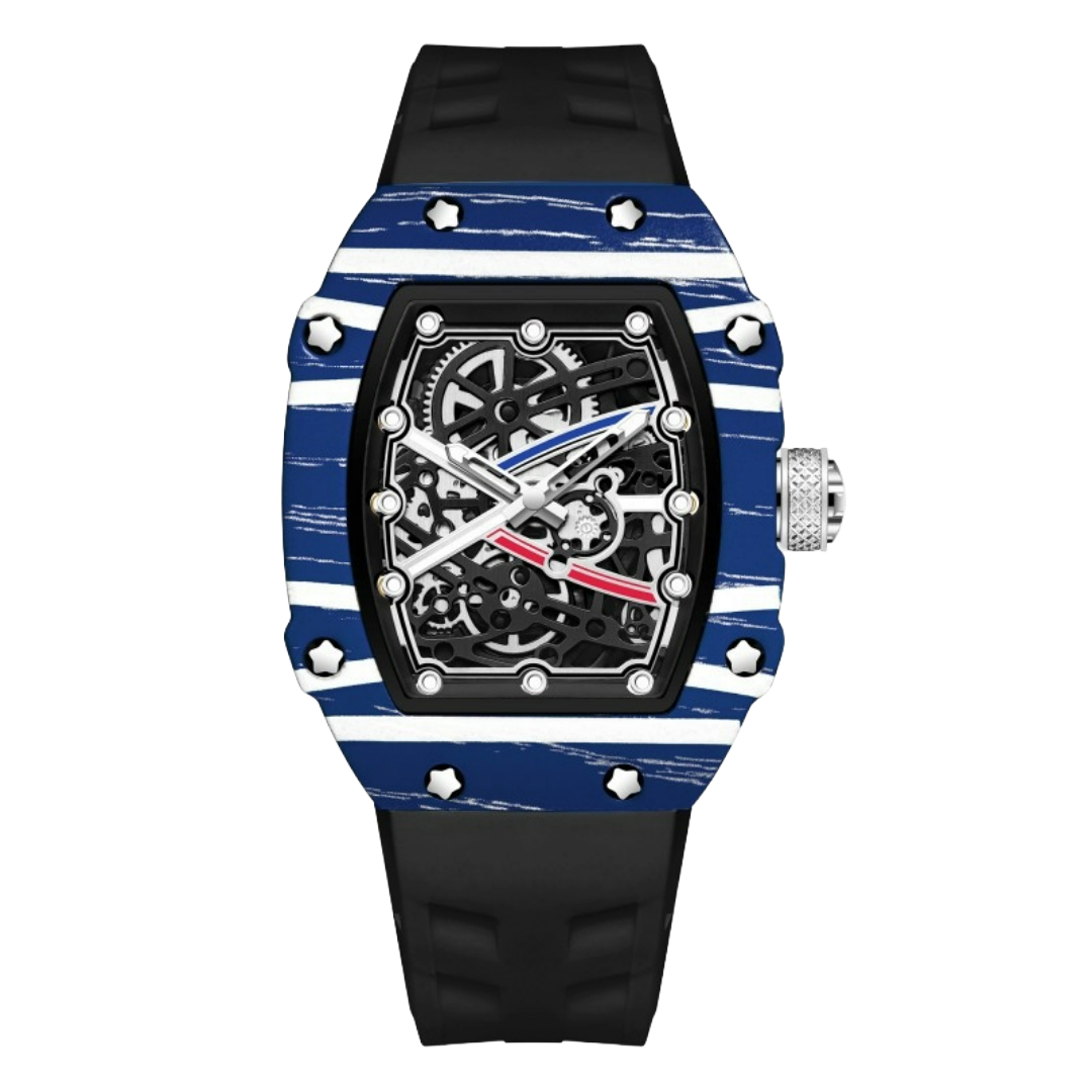 Skeleton sport watch with silicone strap from BRYVANO by GIORGIO MARENO, featuring a detailed skeleton dial and sporty design.