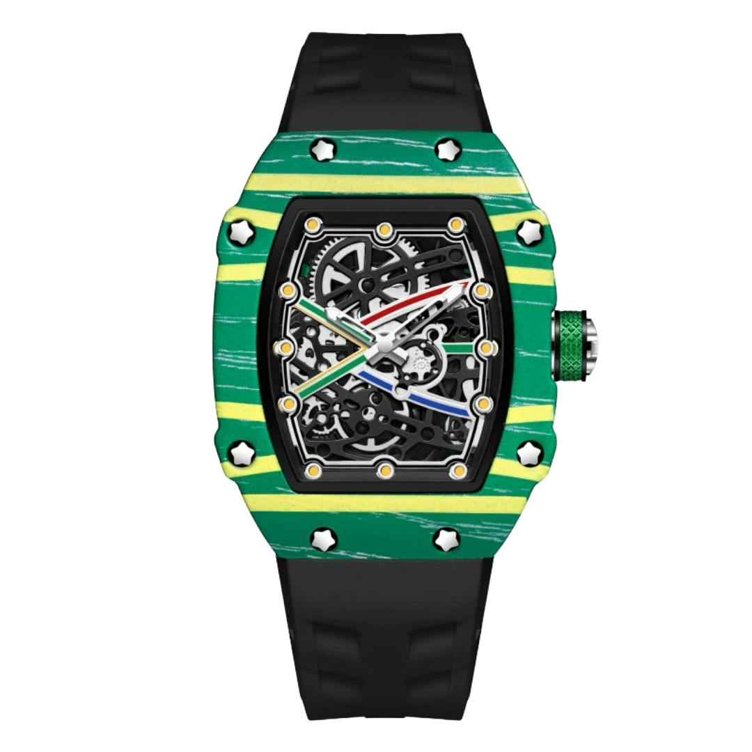 Skeleton sport watch with silicone strap by GIORGIO MARENO featuring a detailed skeleton dial and sporty design.