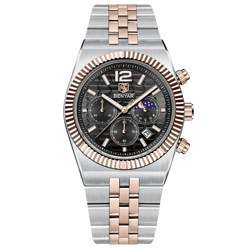 Giorgio Mareno MAVREX luxury men's watch with a sleek black dial and stainless steel band, close-up of the timepiece.