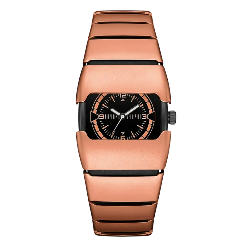 Maurice Belmont TURVEX men's rectangular designer watch with metal bracelet, featuring a sleek black dial and stainless steel band.